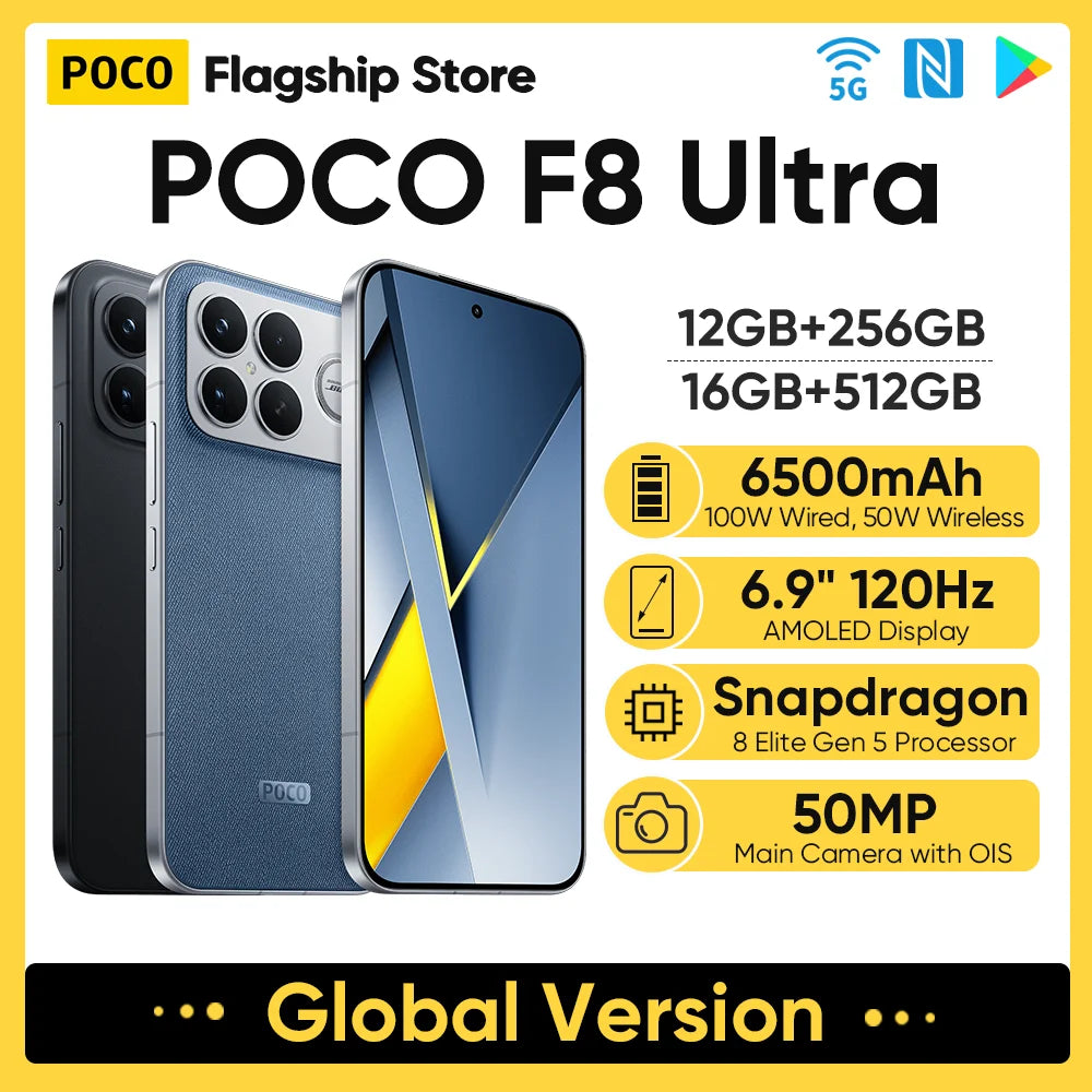 Original POCO F8 Ultra Globale Version Smartphone Snapdragon 8 Elite Gen 5 6,9" Display 6500mAh 100W HyperCharge 50W Wireless NFC