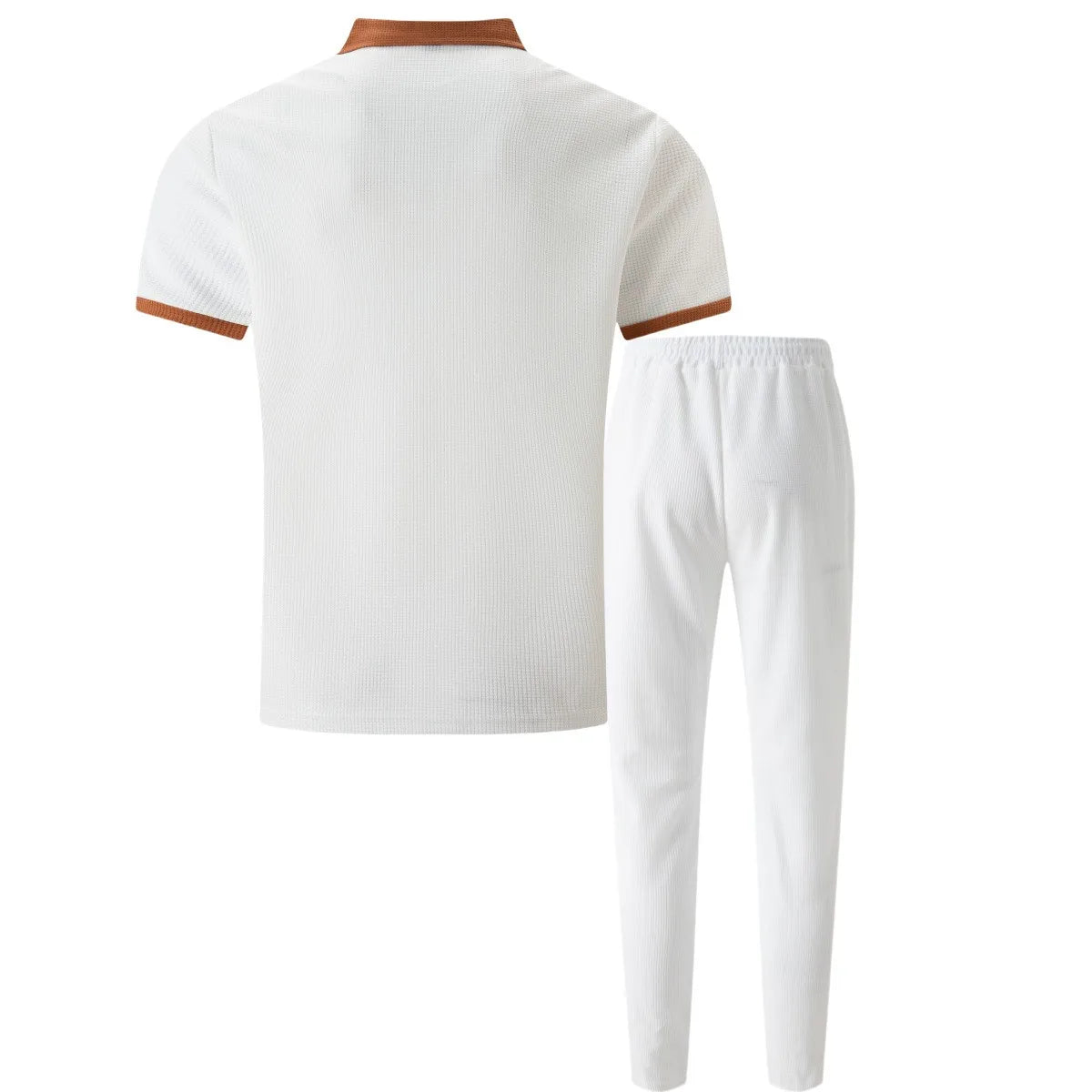 Ensemble deux pièces gaufré pour homme : polo contrasté avec poche poitrine et pantalon long à cordon de serrage, tenues décontractées pour la vie quotidienne.