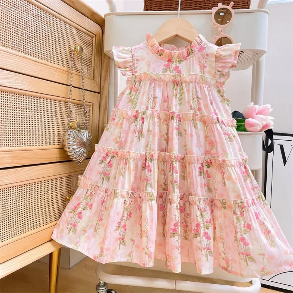 3-7 Years Old Summer New Princess Dress Pink Round Neck Sleeveless Lace Flower Print Girls' Casual Clothes Birthday Party Wear