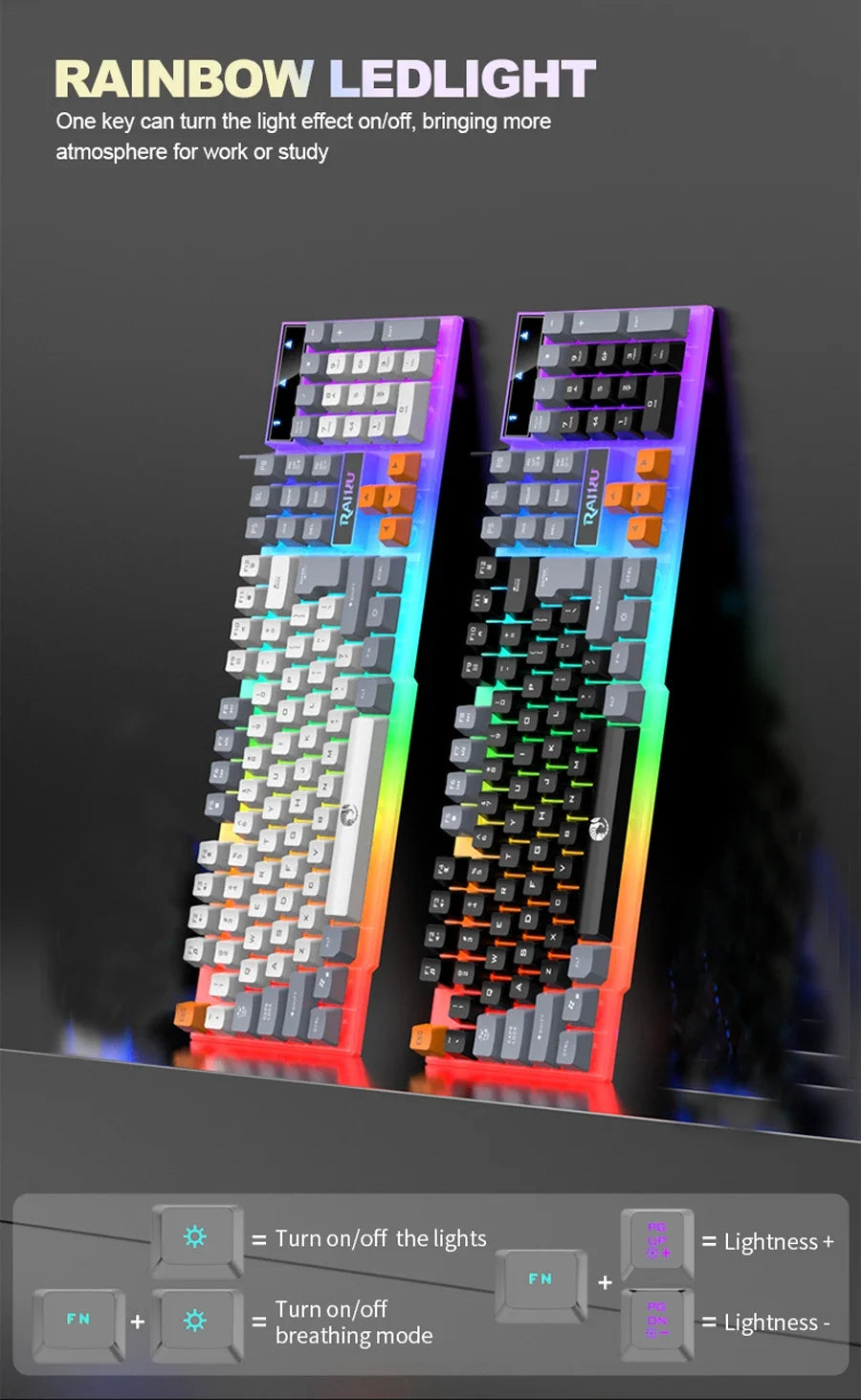 Clavier unique et souris de clavier RAIKU T26 Souris de clavier lumineuse trois tons Clavier de jeu tactile mécanique filaire