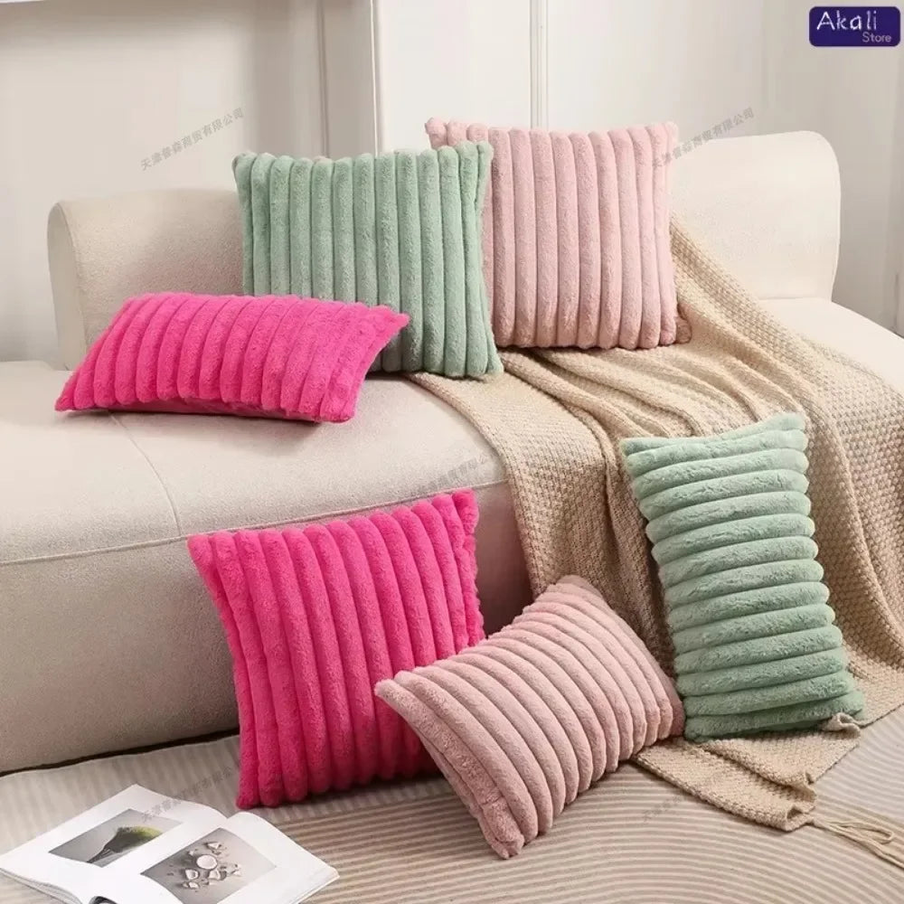 Housse de coussin en fausse fourrure de lapin, housse de coussin moelleuse et douce à rayures, oreillers décoratifs, décoration de luxe pour canapé