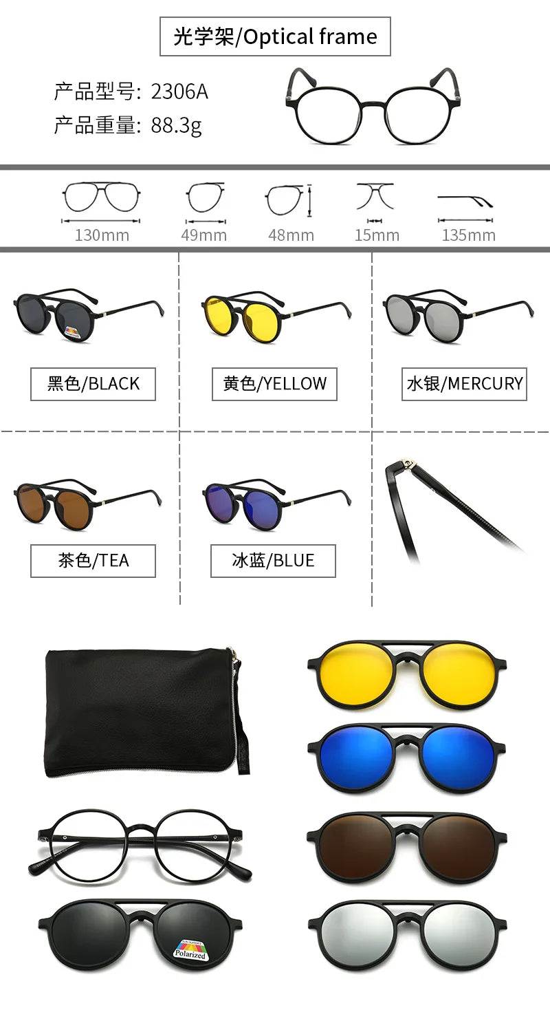 6 In 1 Polarized Sunglasses Men Women Magnetic Clip On Glasses TR90 Optical Prescription Eyeglass Frames Magnet Clips