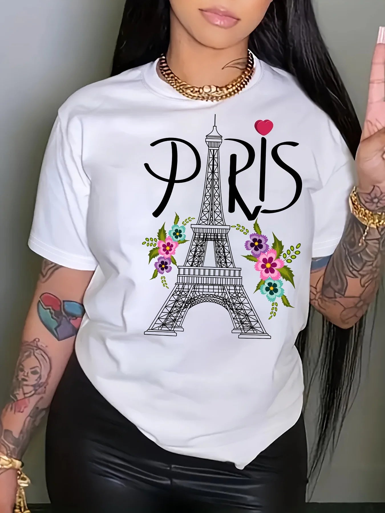 Kurzärmeliges Paris Eiffelturm bedrucktes Rundhals-T-Shirt für Damen – lässig, Sommer, Frühling, ästhetische Kleidung