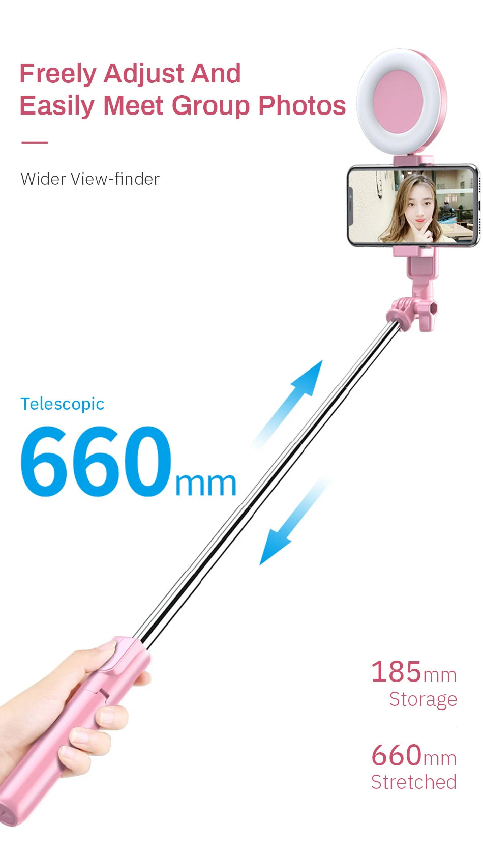 4in1 Wireless Bluetooth Compatible Selfie Stick LED Ring light Extendable Handheld Monopod Live Tripod for iPhone X 8 Android
