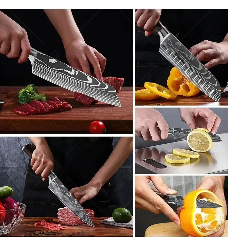 Couteau de Chef Damas Ensemble de Couteaux de Cuisine Professionnels Couteau à Désosser Couteau de Boucher Couteau Utilitaire Couteau Santoku Japonais avec Housse