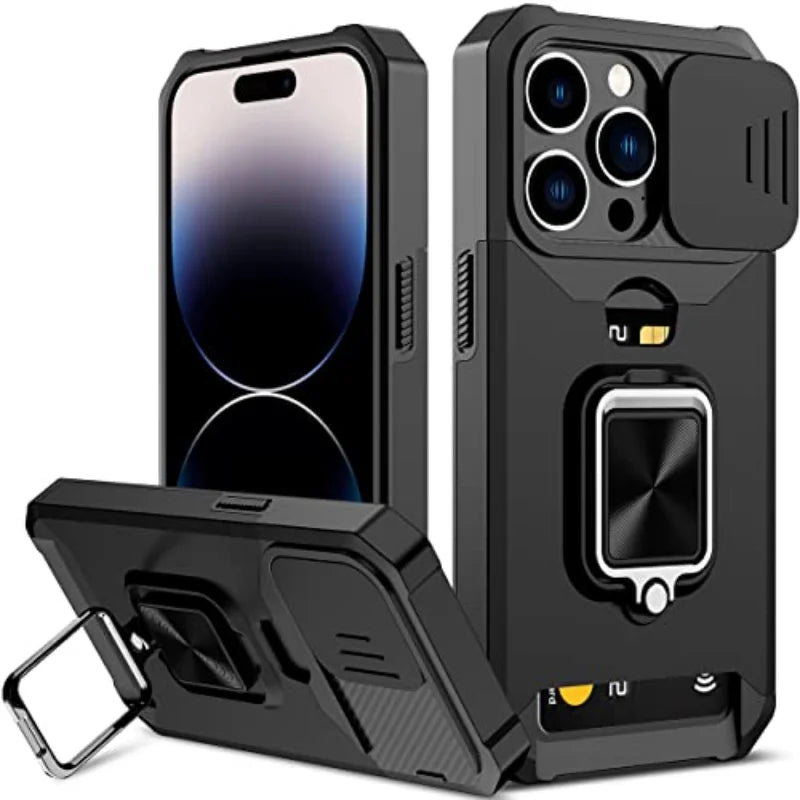 Hülle für iPhone 17 16 15 14 13 12 Pro Max Plus 8 7 Plus Mini Robuster Schutz mit Schiebe-Kameraabdeckung und Kartenclip-Abdeckung