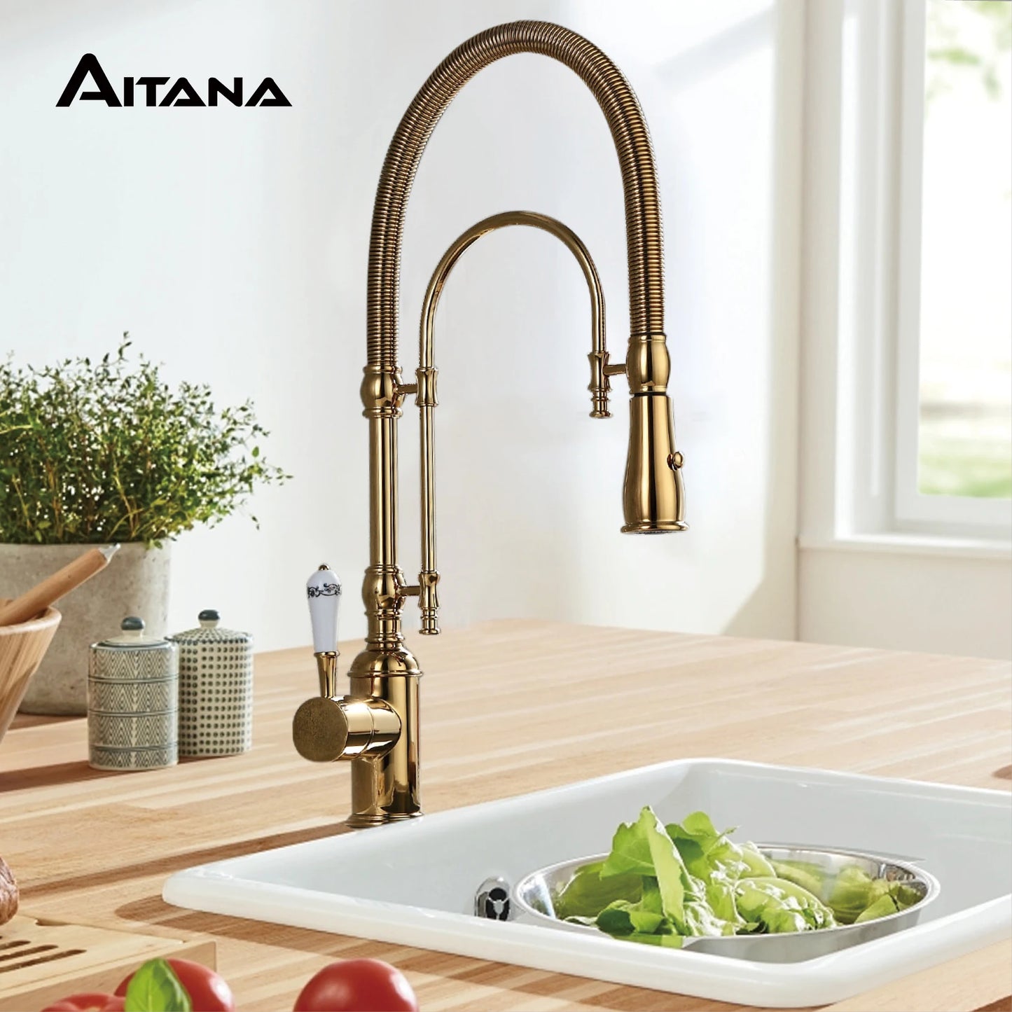 AITANA Luxus-Küchenarmatur aus goldfarbenem Messing im Retro-Design, Einhebelmischer mit Warm- und Kaltwasserregelung, 2 Funktionen Spültischarmatur