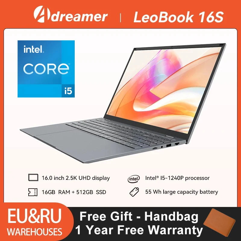 Ordinateur portable 16 pouces avec Intel Core i5 1240P Écran IPS 2.5K Windows 11 Ordinateur portable Adreamer Portable 16 Go de RAM 1 To de SSD