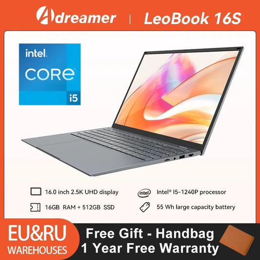 16-Zoll-Laptop mit Intel Core i5 1240P 2,5K IPS-Display Windows 11 Notebook Tragbares Adreamer Laptop 16GB RAM 1TB ROM SSD