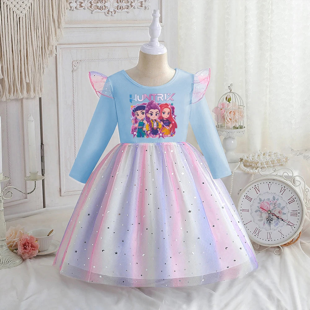 Kpop Demon Hunters Vêtements Enfants Robe de Princesse Manches Longues Printemps Robe Bébé Filles pour Fête d'Anniversaire Arc-en-ciel 2-8 Ans