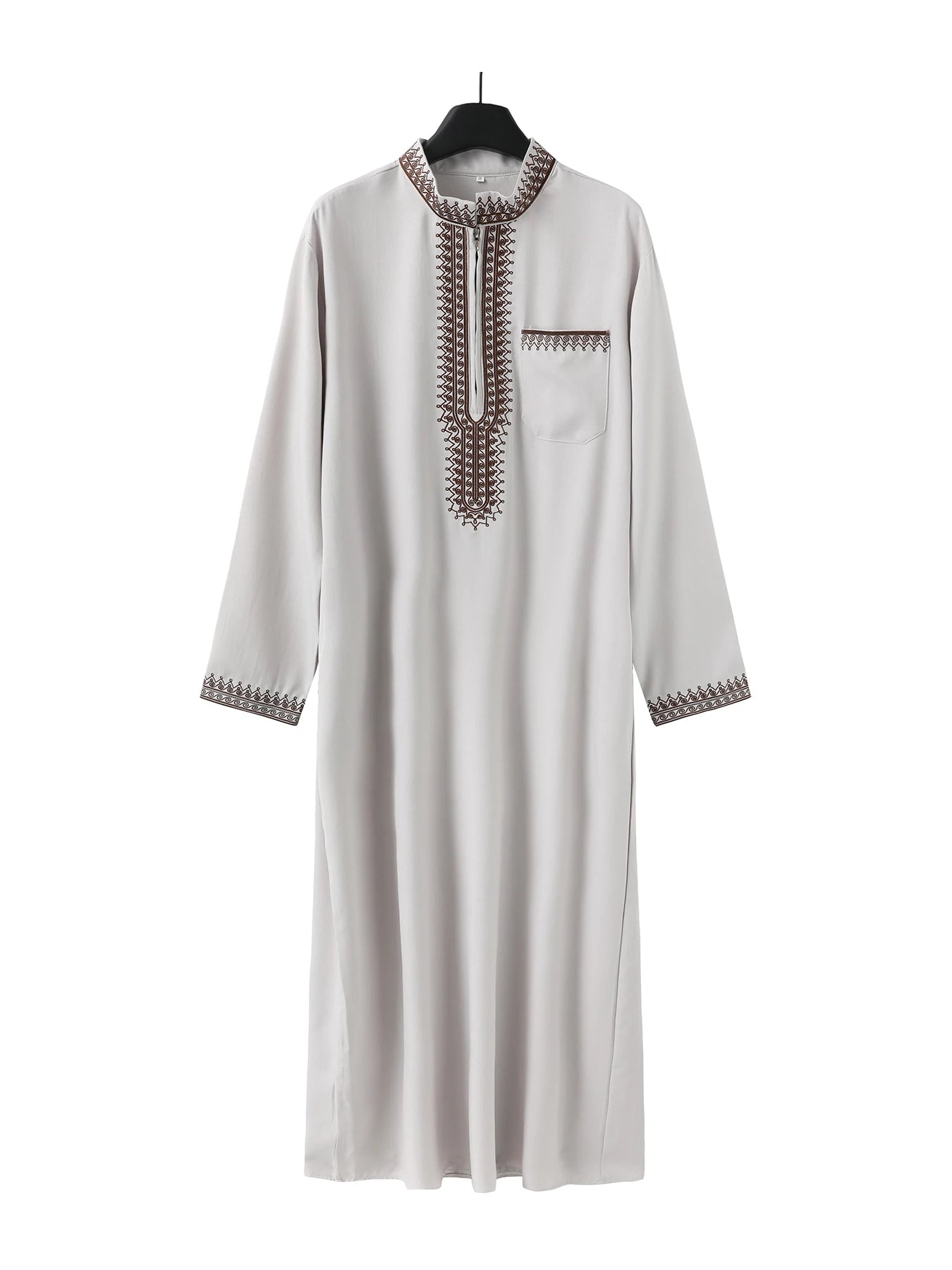 Thobe marocain pour hommes, manches longues, style ethnique brodé, col montant, fermeture éclair, abaya arabe tendance pour hommes musulmans