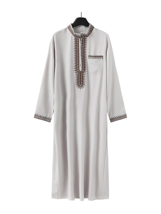 Moroccan men's thobe, long sleeve ethnic style embroidered stand collar zipper design Muslim men's fashionable Abaya Arabic fest