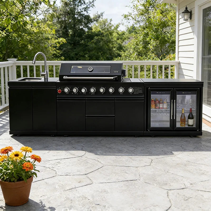 Cuisines d'extérieur modernes modulaires fonctionnelles en acier inoxydable avec grill, plaques de cuisson, évier, réfrigérateur et LED pour patio et jardin.