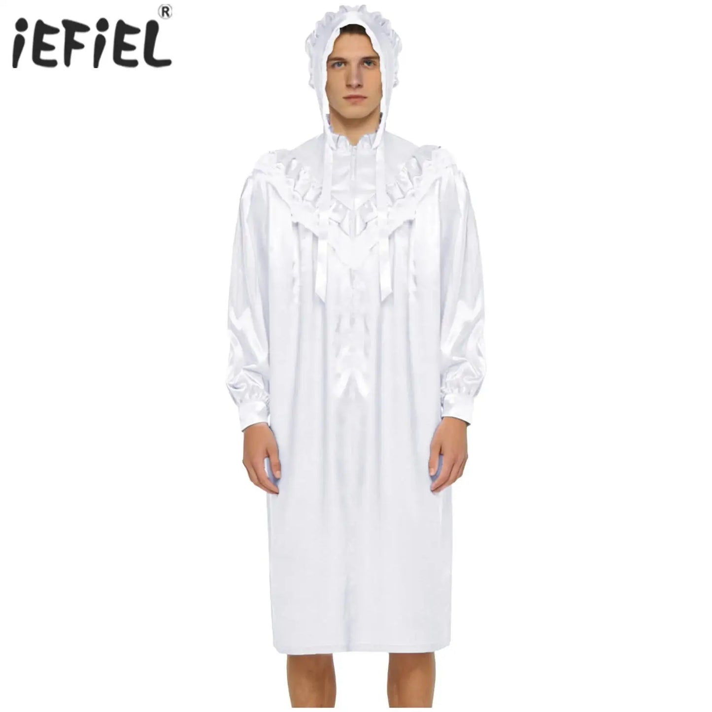 Pyjama homme à volants et dentelle, nuisette victorienne Sissy avec chapeau, robe de nuit satinée à manches longues et fermeture éclair sur le devant
