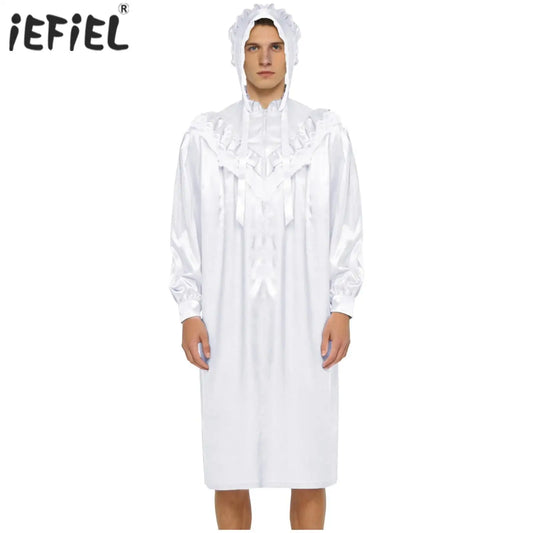 Herren Rüschen- und Spitzentrimm-Pyjama, Sissy-Viktorianisches Nachthemd mit Hut-Set, langärmeliges Satin-Nachtkleid mit Frontreißverschluss