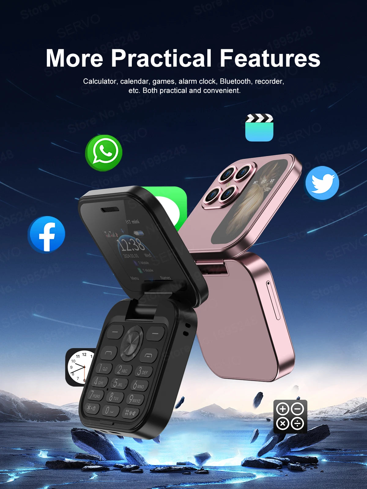 SERVO i17 Mini Flip Mobile Phone 2G Network 1.77inch Screen Dual SIM Flashlight Speed Dial FM Radio Small Fashion Foldable Phone