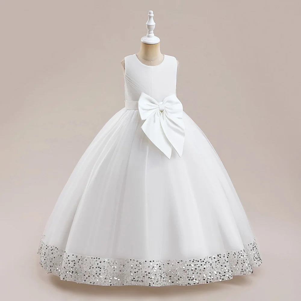 Fluffy Pailletten Brautjungfern Prinzessin Mädchenkleid Elegante Schleife Rosa Hochzeit Abschlussball Abend Kinder Partykleider für Mädchen Geburtstagskostüme