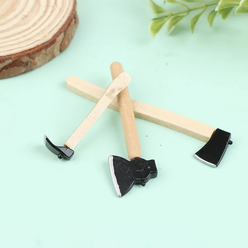 3er-Set Mini Holz Metall Beil Axt Puppenhaus Miniatur Werkzeuge