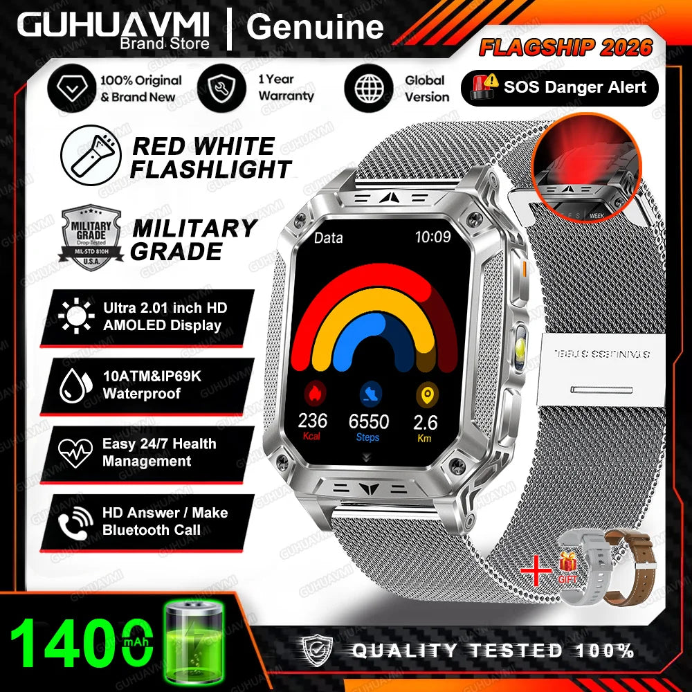 Montre connectée homme 2026 avec batterie ultra-large intégrée de 1400 mAh, GPS extérieur, écran AMOLED de 2,01", étanche 10 ATM, appel BT