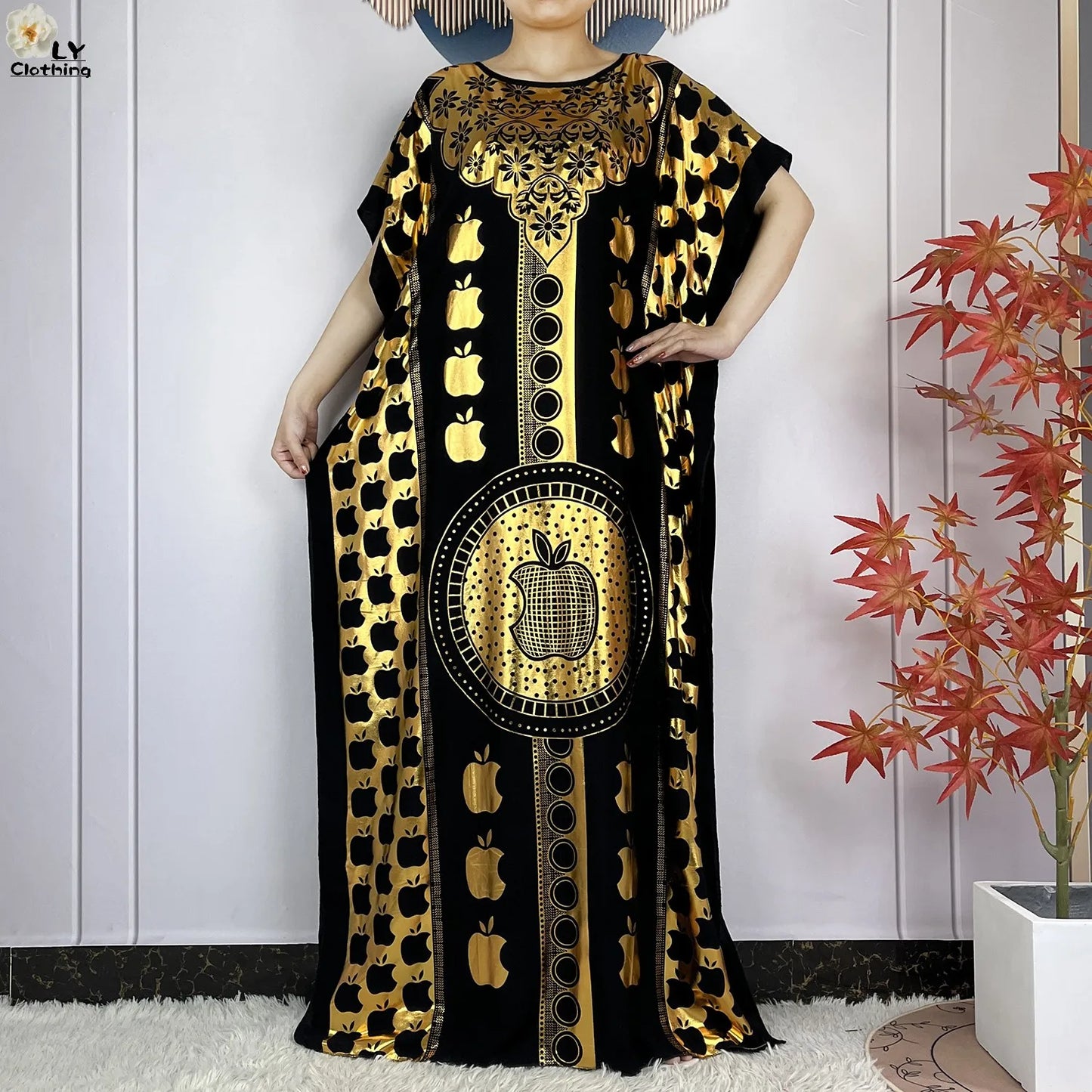 Neues Sommer-Kurzarm-Kleid aus Baumwolle für Damen mit großem Schal Goldprägung Boubou Maxi Islam Damen Afrikanische Abaya Kleidung