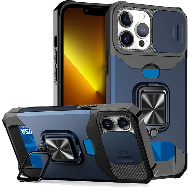 Hülle für iPhone 17 16 15 14 13 12 Pro Max Plus 8 7 Plus Mini Robuster Schutz mit Schiebe-Kameraabdeckung und Kartenclip-Abdeckung