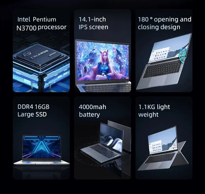 New Ultra Slim Laptop 14.1" 16GB RAM 2TB SSD Intel Pentium 4405U Notebook Gamer 1920*1080 Display Office Study Computer PC