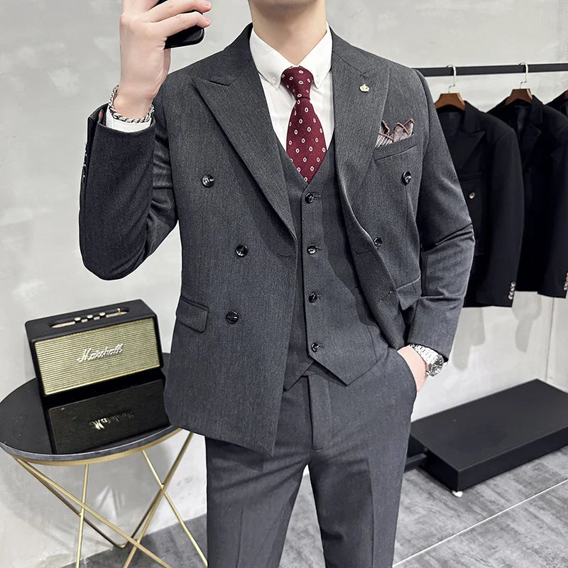 S-7XL (Jacke+Weste+Hose) Mode-Boutique Gitter Anzug Formeller Business Herren Anzug 3-teiliges Set Bräutigam Hochzeitskleid Karierter Anzug Showbühne