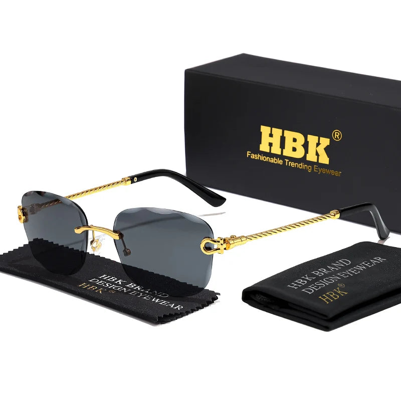 HBK Rahmenlose Metall Sonnenbrille Herren Wellenform geschnitten Sonnenbrille für Damen Reise Shopping Brille UV400 Sommer Stil