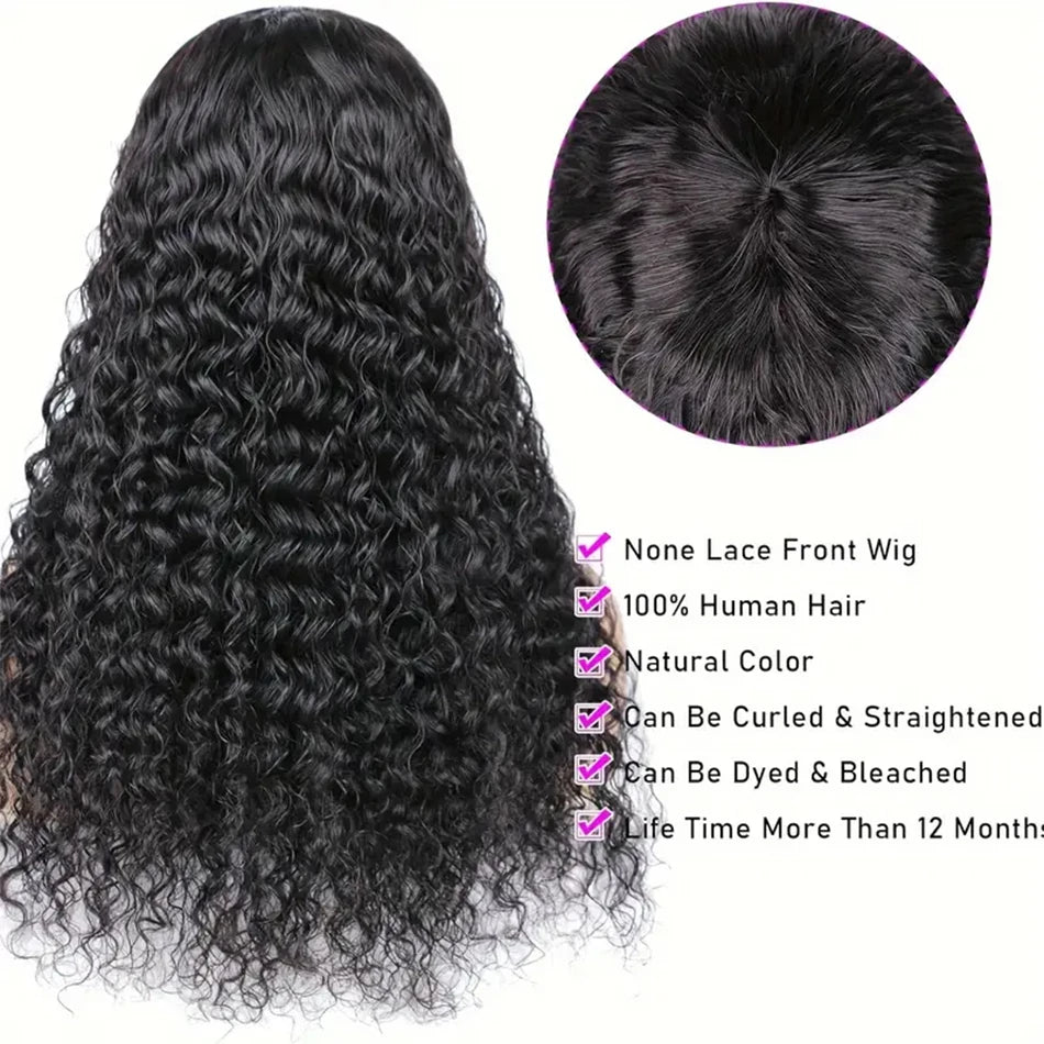 30 Zoll Water Wave Echthaarperücken mit Pony, klebefreie Pony-Perücke, Kinky Curly Bob Perücke mit Pony, vollmaschinell gefertigte Perücke, 180%