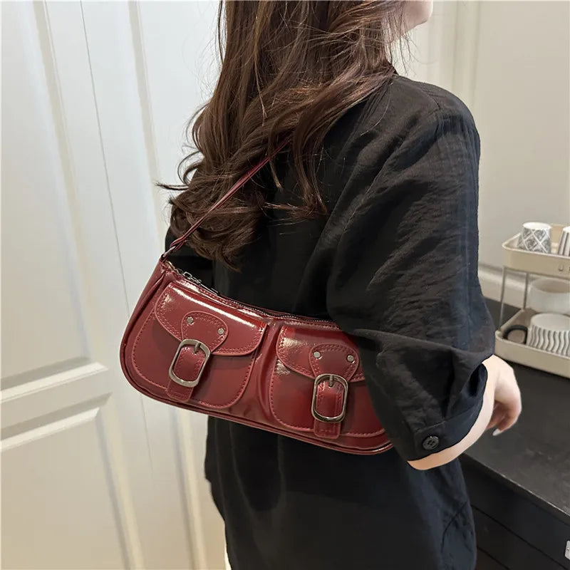 Fashion PU-Leder Damen Umhängetasche Kleine Doppel-Taschen Design Damen Achseltaschen Y2k Vintage Weibliche Handtaschen Clutch Geldbörse