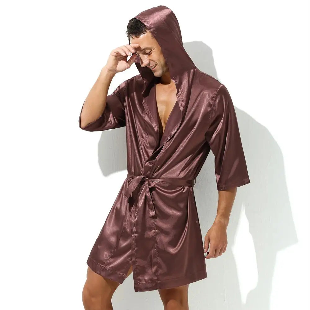 Sexy Nachtwäsche Herren Bademäntel Weich Seidig Kurzarm-Nachthemd Herren Hauskleidung Morgenmantel Herren Schlafanzug (Ohne Shorts)