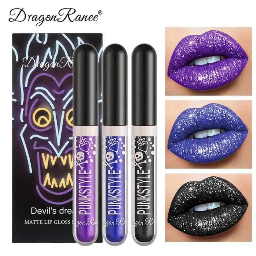 Lot de trois brillants à lèvres, rouge à lèvres nacré non-adhésif, ensemble de brillants à lèvres violets et noirs scintillants
