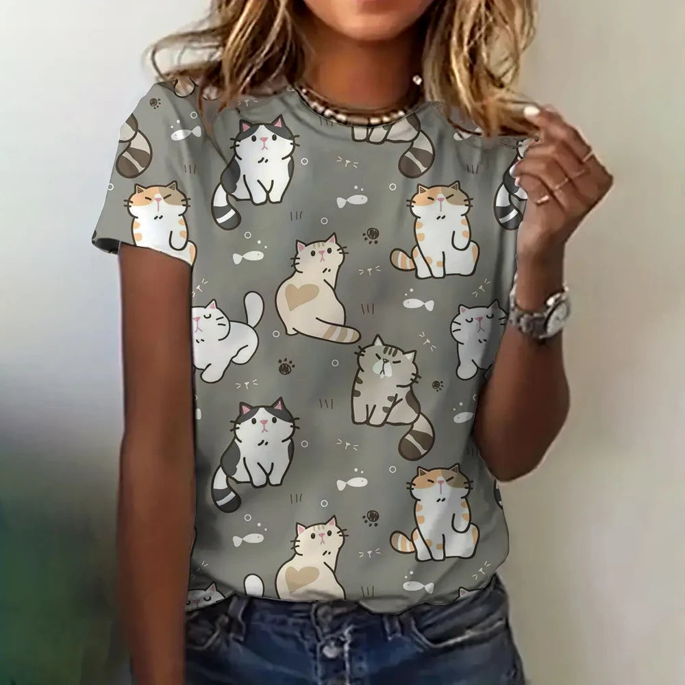 T-shirt Femme Impression 3D Chat Vêtements Été Col Rond Mode Manches Courtes Élégant Décontracté Haut Ample T-shirt Vêtements Femme