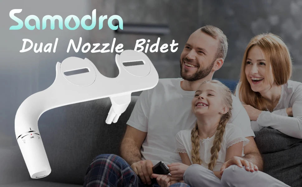 SAMODRA Fixation de bidet ultra-mince pour siège de toilettes, bidet à double buse, pression d'eau réglable, pulvérisateur non électrique pour l'hygiène intime