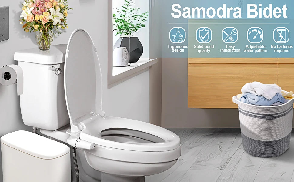 SAMODRA Fixation de bidet ultra-mince pour siège de toilettes, bidet à double buse, pression d'eau réglable, pulvérisateur non électrique pour l'hygiène intime