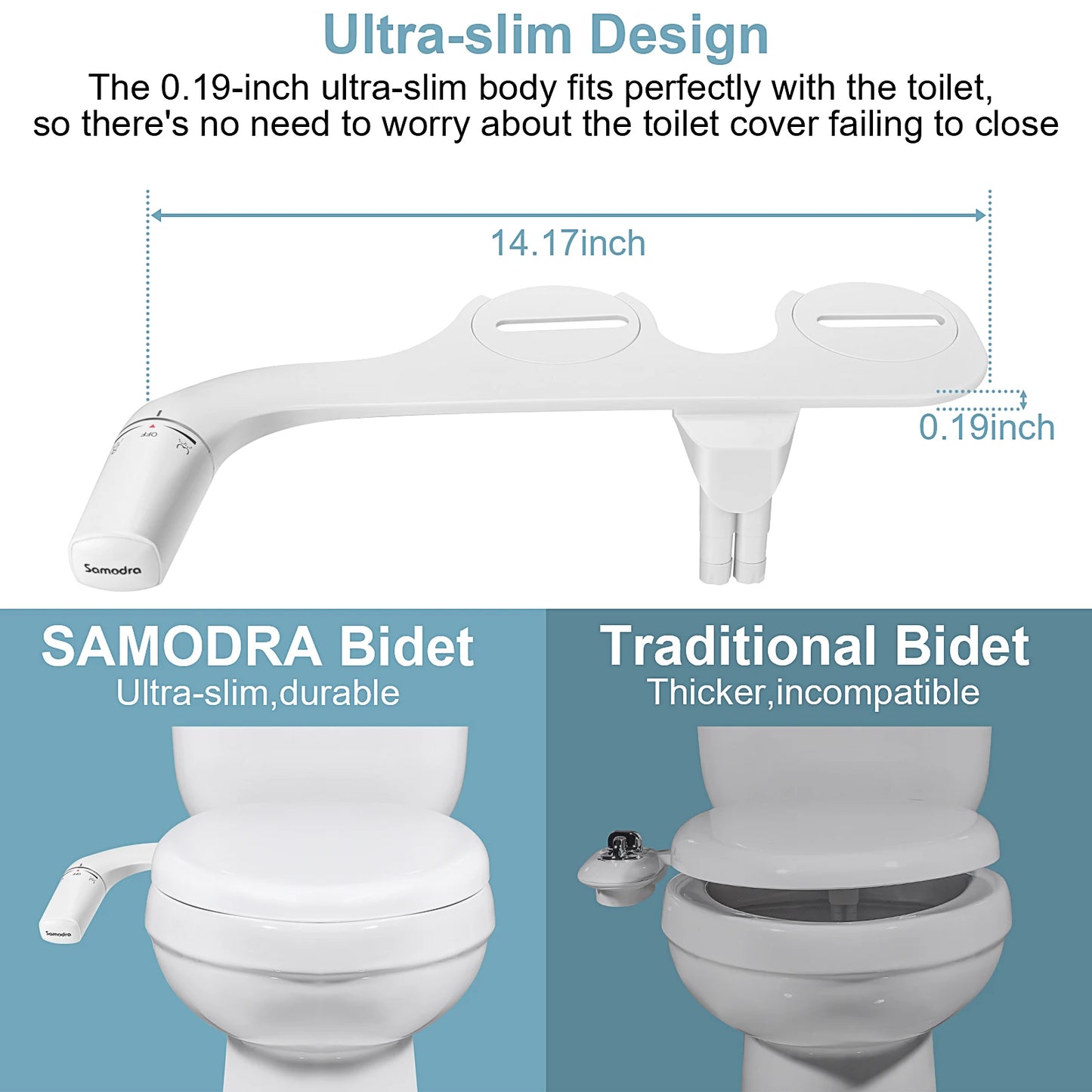 SAMODRA Bidetaufsatz, ultraschlanker Toilettensitzaufsatz, zwei Düsen, Bidet, einstellbarer Wasserdruck, nicht-elektrischer Popoduscher