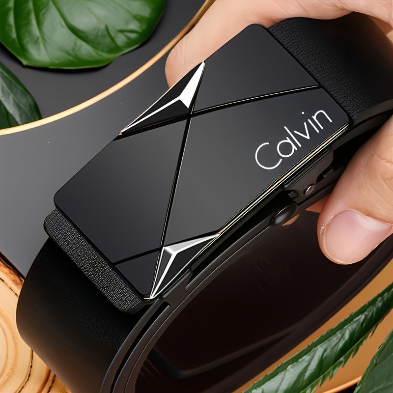 CALVIN Men's Automatic Buckle Belt - Stylish Black PU Leather with Alloy Tip, Business Casual Design for Office and Casual Attire. Perfect Holiday Gift Choice! Modern Accessory Featuring a Durable Clasp – A Must-Have Fashio