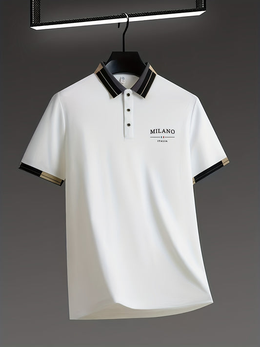 Men'S Lightweight Soft POLO Shirt with 'MILANO ITALIA' Print | Breathable Summer Casual And Business Wear, Regular Fit, Button Collar, Ideal for Vacation And Daily Use, Fashion Contrast Design, Soft Fabric