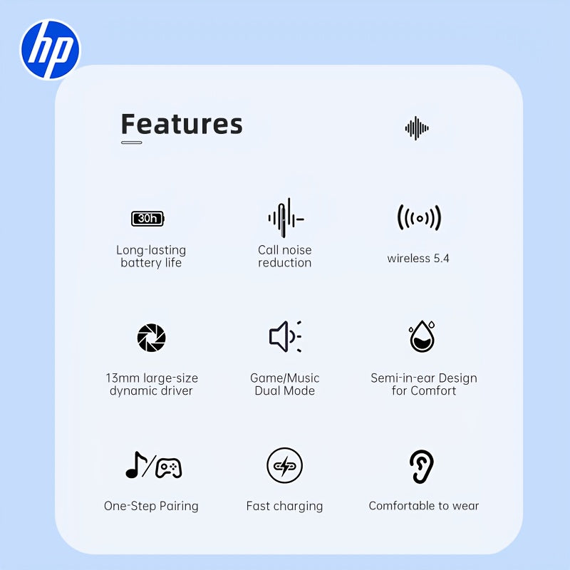 HP Wireless Earbuds Offer a Long 30-Hour Standby Time, Feature Noise Reduction, And Provide a Comfortable Fit for Everyone. They Include Touch Controls And Deliver High-Fidelity Sound with Crystal-Clear Calls