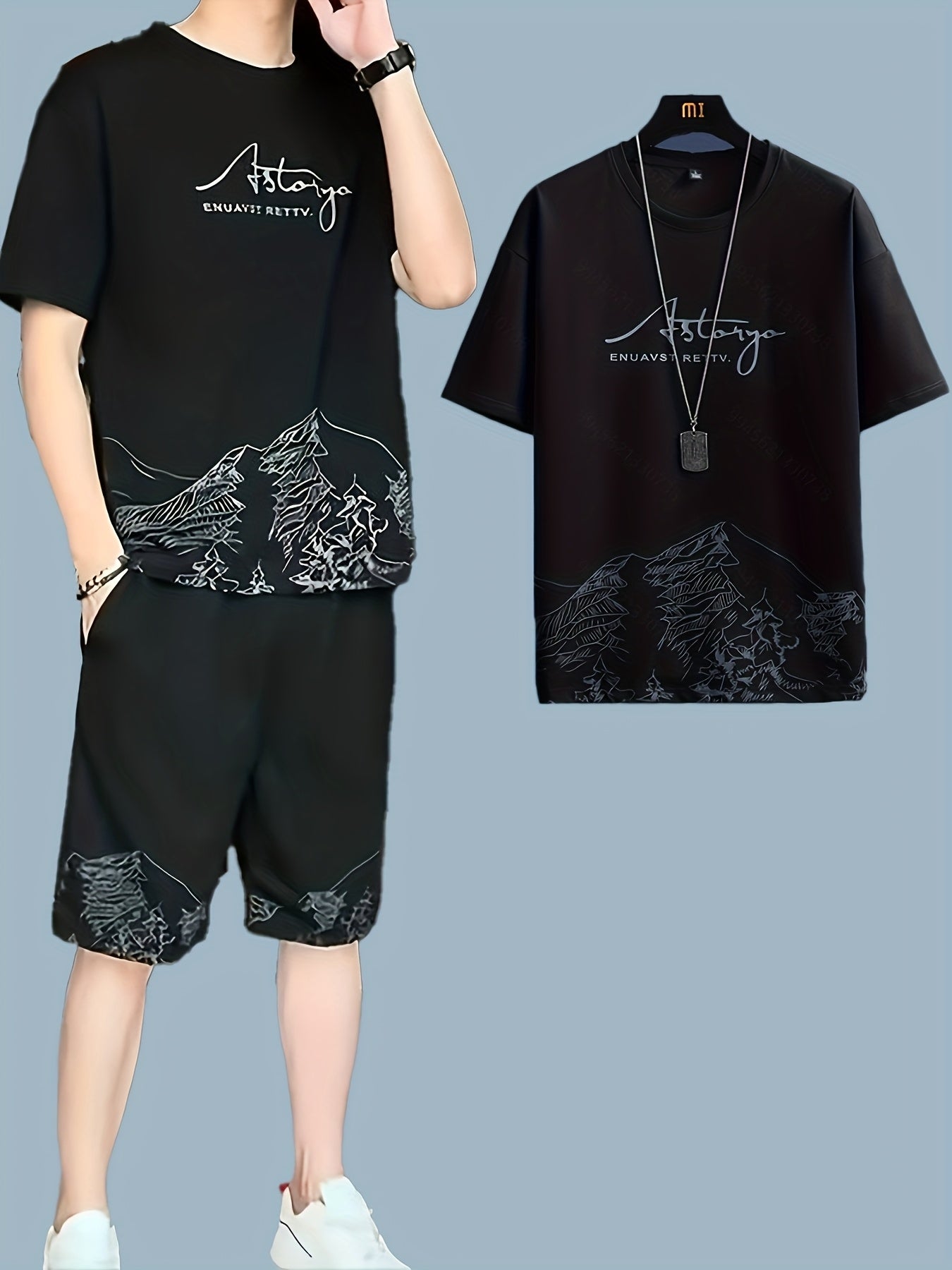 A Men'S Summer Casual Two-Piece Set Featuring a Stylish Short-Sleeve T-Shirt with a Round Neck And Drawstring Shorts, Perfect for Everyday Vacation Beach Wear