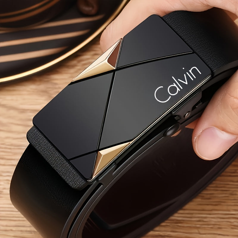 CALVIN Men's Automatic Buckle Belt - Stylish Black PU Leather with Alloy Tip, Business Casual Design for Office and Casual Attire. Perfect Holiday Gift Choice! Modern Accessory Featuring a Durable Clasp – A Must-Have Fashio