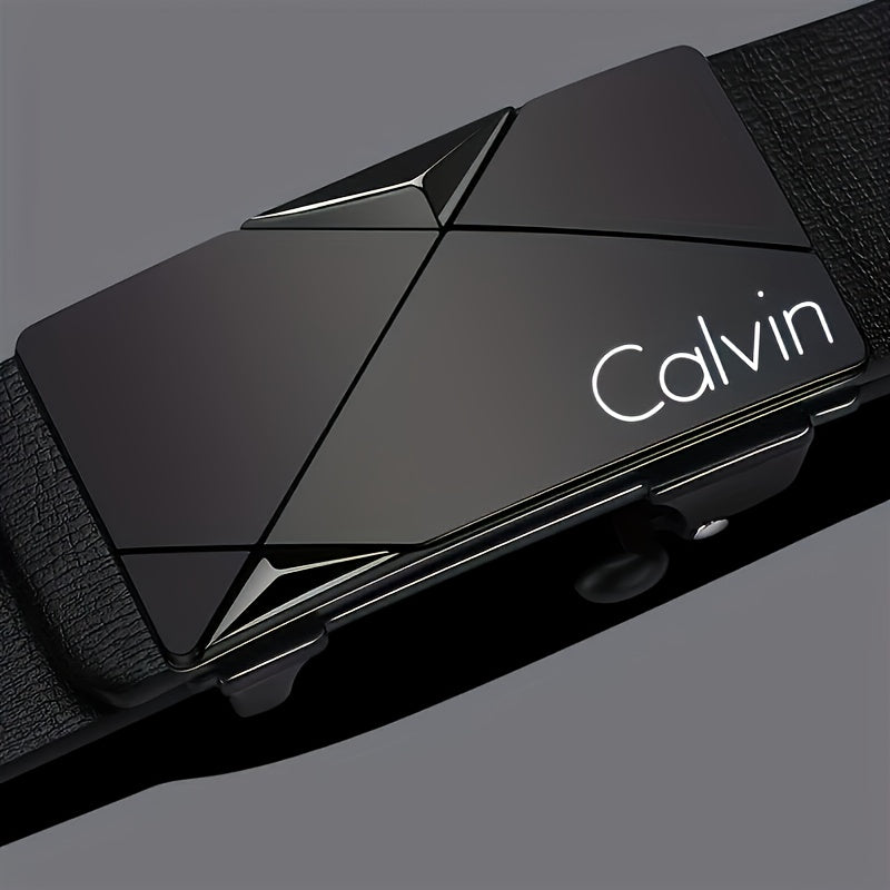 CALVIN Men's Automatic Buckle Belt - Stylish Black PU Leather with Alloy Tip, Business Casual Design for Office and Casual Attire. Perfect Holiday Gift Choice! Modern Accessory Featuring a Durable Clasp – A Must-Have Fashio